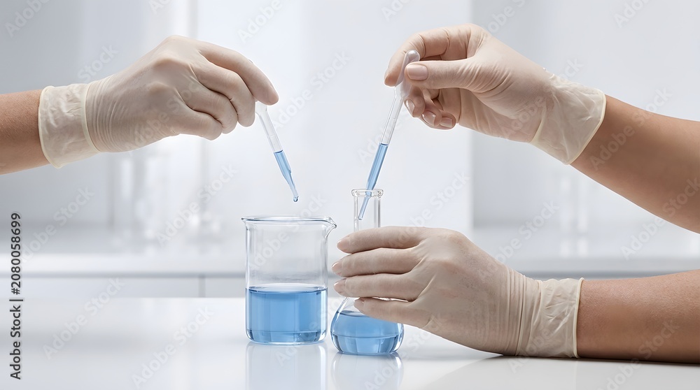 Fototapeta premium Scientists performing chemical experiments with blue liquid in laboratory.