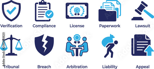 Fotografie verification compliance license paperwork lawsuit tribunal breach arbitration liability appeal vector icon set
