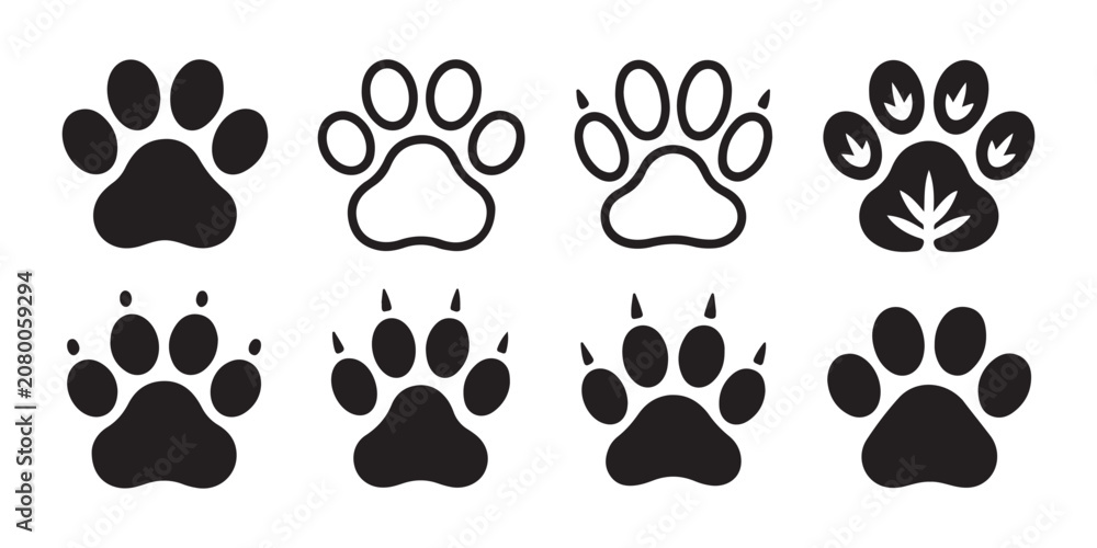 Fototapeta premium Various animal paw prints with claws and textures in multiple styles for forest and pet design tasks.
