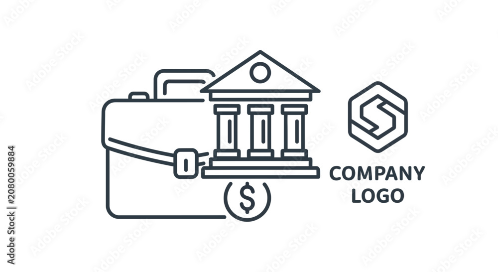 Fototapeta premium Business briefcase with bank building and dollar coin icon, company logo placeholder