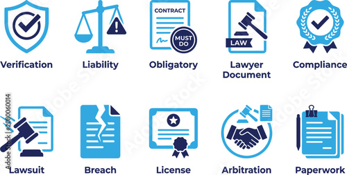 Tableau sur toile verification liability obligatory lawyer document compliance lawsuit breach license arbitration paperwork vector icon set