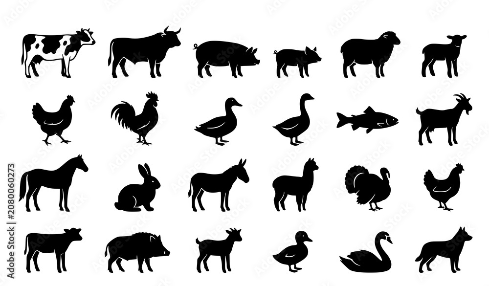 Fototapeta premium Farm Animal Silhouettes Vector Set Cow Pig Sheep Hen Duck Fish Livestock Icons