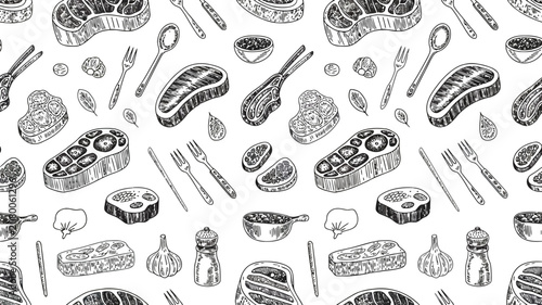 Steak and Meat Cuts Hand Drawn Seamless Pattern Black and White beef food