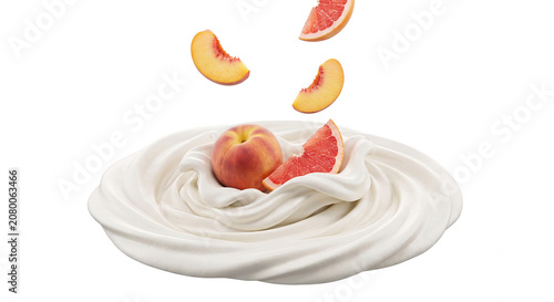 Distant shot of peach and grapefruit slices falling into thick whipped cream with a clean splash