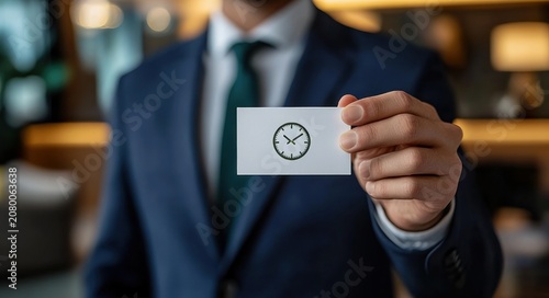 businessman in navy suit holding a white card with a clock icon conveying punctuality confidence and professionalism