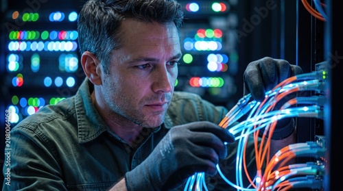 IT technician working with fiber optic cables in a server room
