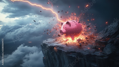 Piggy bank shattering under a lightning strike on a cliff edge amid stormy clouds, sparks and flying debris conveying dramatic danger and financial collapse