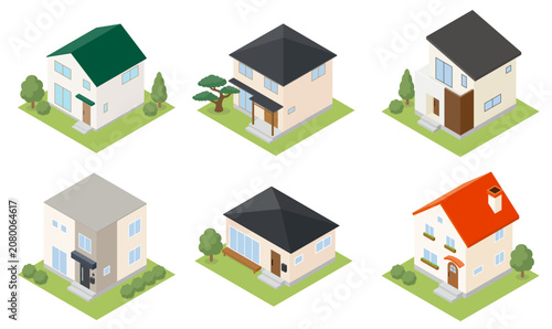アイソメトリックな一戸建て住宅のイラストセット