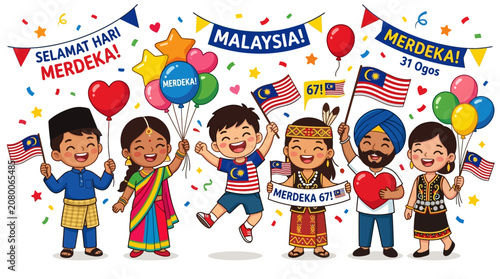 Children celebrate Malaysia's Merdeka Day with colorful balloons and flags