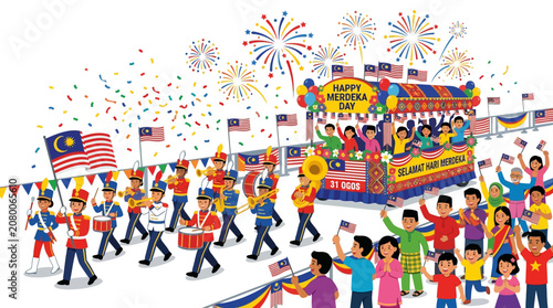 People celebrate with flags and fireworks in a festive parade scene outdoors