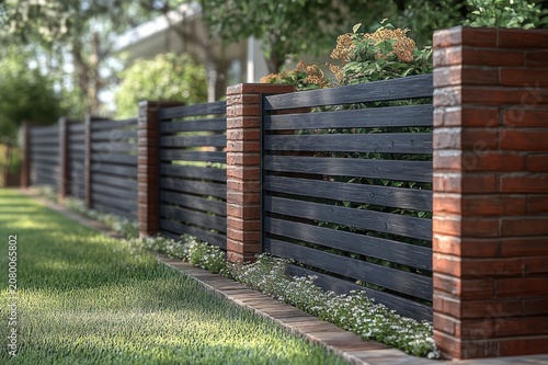 sunlit backyard fence with brick pillars and horizontal dark wood slats, neat green lawn, small white flowers and shrubs, calm inviting suburban garden scene