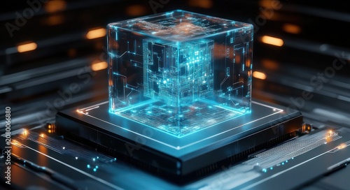 glowing holographic cube hovering above a microchip on an illuminated circuit board, futuristic high-tech core with a sense of wonder