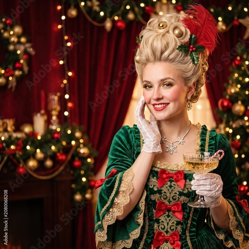 Laughing woman in pink baroque Christmas costume with white wig decorated with ornaments and pearls, holding festive holiday cocktail with candy cane near sparkling Christmas tree.