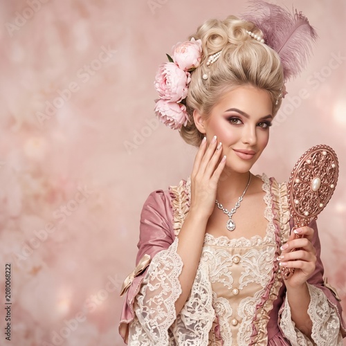 Beautiful woman in rococo baroque costume with blonde updo wig decorated with pink roses and feather, holding ornate hand mirror with diamond jewelry against pink background.