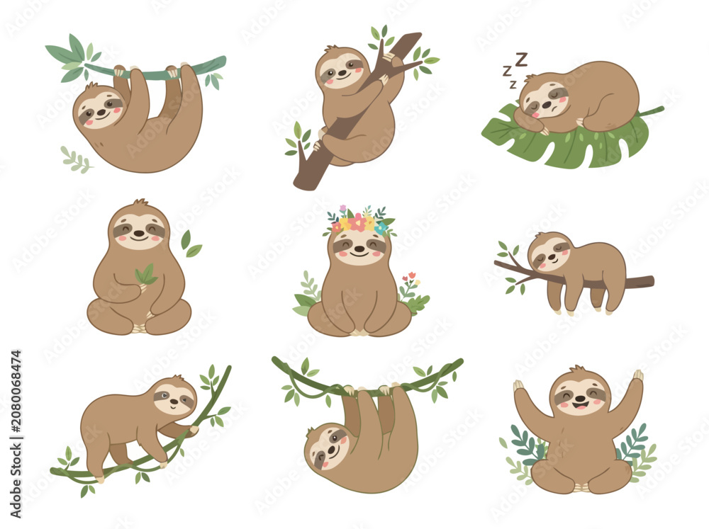 Fototapeta premium A collection of cute cartoon sloths in various poses and activities.