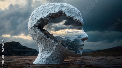 cracked white sculpted human head hollowed to reveal misty mountain landscape and stormy sky, evoking solitude and quiet introspection
