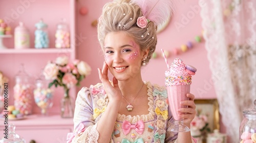 Smiling young woman in pastel rococo dress with colorful ribbon bows, feathered wig with pearls and rose, holding sprinkled milkshake dessert in pink candy boutique interior.