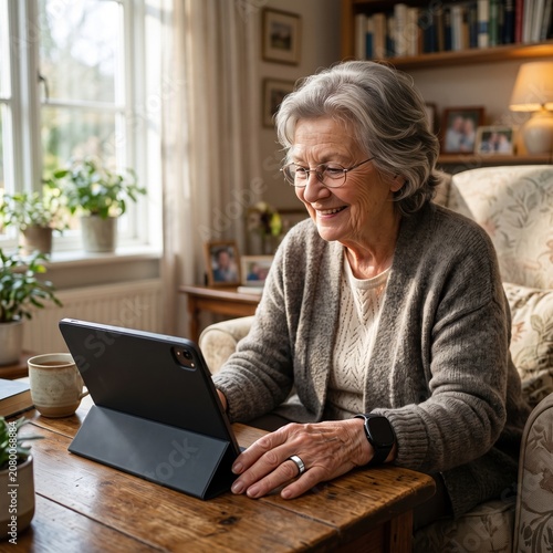 Happy elderly woman wearing glasses and smartwatch using digital tablet while sitting comfortably in cozy living room, enjoying technology and connecting with family at home.