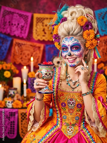 Woman with vibrant Day of the Dead sugar skull face paint, marigold floral headdress with feathers, holding decorated ceramic cup, wearing embroidered orange and pink dress.