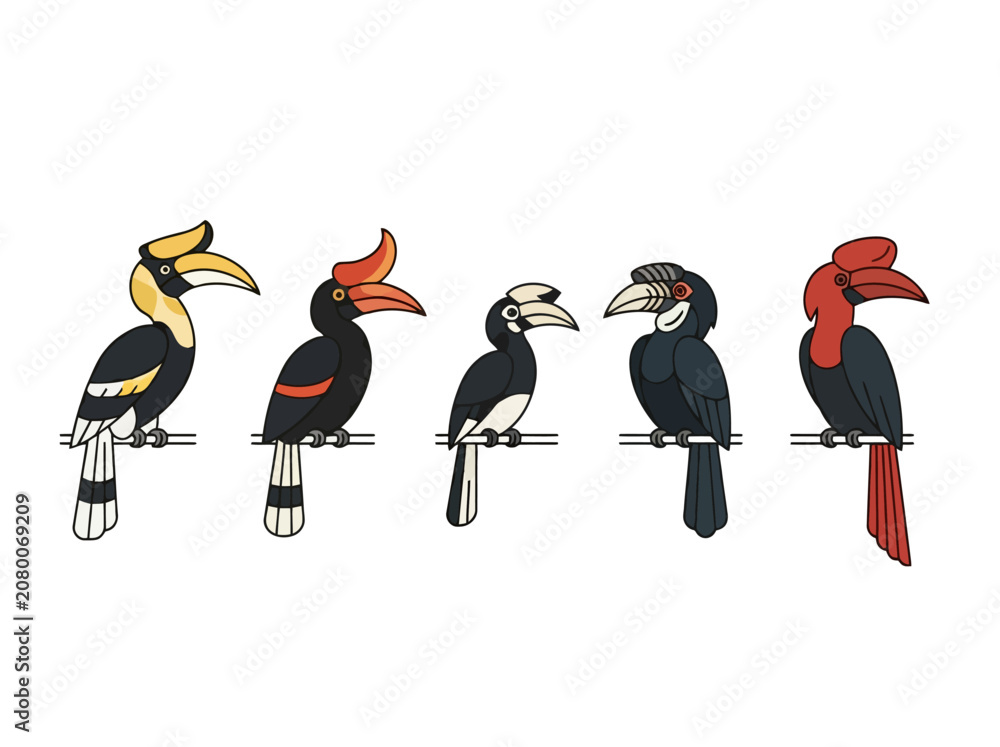 Fototapeta premium A collection of five distinct hornbill bird species illustrated in a colorful cartoon style.