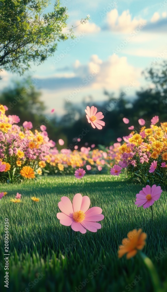 Fototapeta premium sunlit meadow of pink and yellow wildflowers with falling petals over lush green grass and distant trees, peaceful and whimsical atmosphere