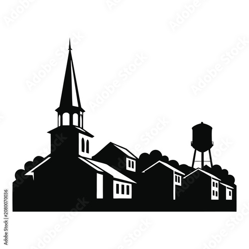 Small Town Skyline Silhouette with Church and Water Tower
