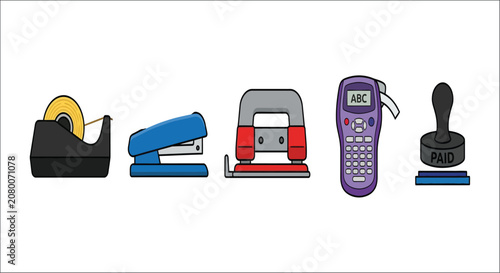 Foto Office supplies illustration featuring tape dispenser stapler hole punch pager a