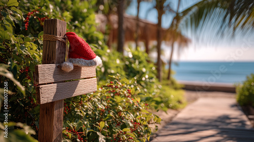 Wooden sign with red santa hat in tropical beach garden setting, christmas