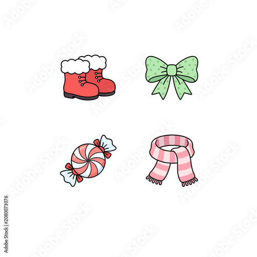 Hand drawn vector illustration set of butterfly and flowers with Christmas holiday icons ribbon gift bow winter celebration decoration design elements