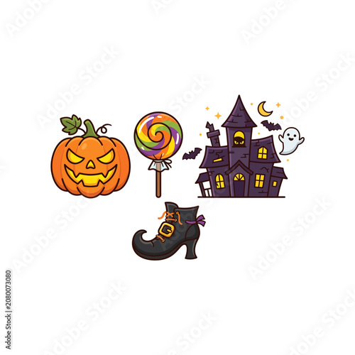 Halloween cartoon illustration with spooky pumpkin under full moon night autumn vector background featuring bats ghost black cat witch tree and festive October celebration party design