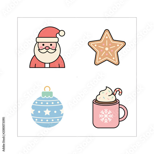 Christmas Icons Set with Santa Claus Christmas Tree Gift Snowman Winter Holiday Decorations Cartoon Vector Illustration for Xmas and New Year Design Collection