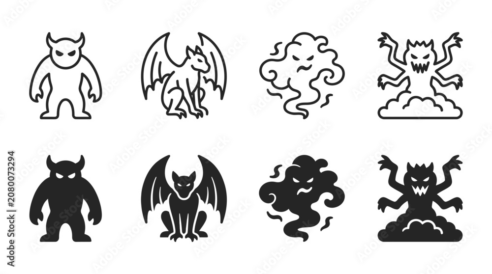 Obraz premium Set of halloween monster and demon icon silhouettes with gargoyle creature halloween silhouette mystical mythology