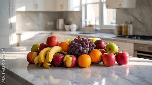 Fresh Fruits on Marble Countertop in Bright Kitchen  