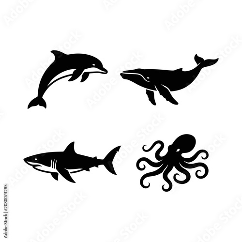 Shark Silhouette Vector Illustration Isolated on White Background, Marine Predator Swimming Underwater in Blue Ocean Sea Wildlife Cartoon Style Design