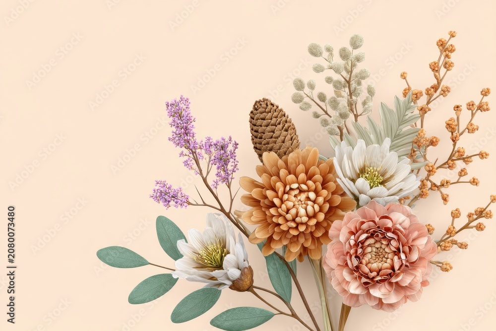 Obraz premium Elegant Autumnal Floral Arrangement With Dried Flowers And Pinecone On A Soft Pastel Beige Background