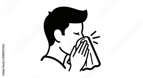 Man sneezing into a tissue, cold and flu symptoms, allergy season, illness icon