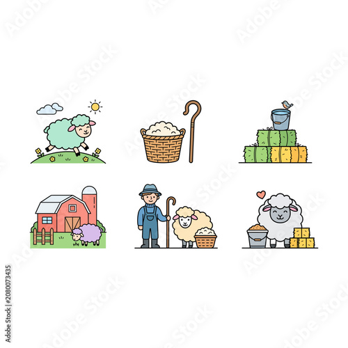Cartoon Vector Illustration Set of Man and Woman with Basket Family Characters for Christmas House Design Seamless Pattern with Tree Children Baby Cat Bird Car Toy Game Party and City Icons