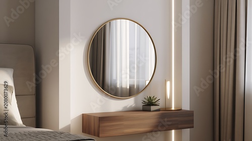 Minimalist Bedroom Mirror with Wooden Shelf and Soft Lighting  