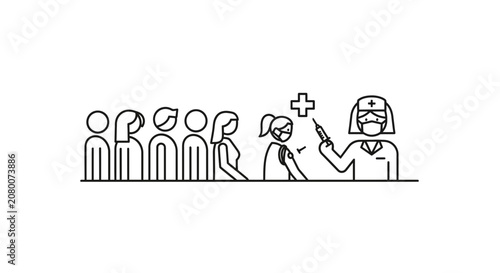 Line of people receiving vaccination from medical professional with syringe