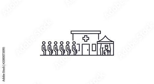 Line of People Waiting Outside Medical Clinic with Triage Tent