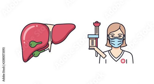 Liver and Nurse with Syringe Icon, Medical Treatment and Healthcare Concept