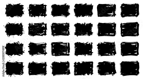 Abstract black ink brush strokes arranged in grid pattern on white background minimalist design