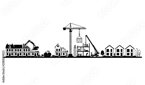 Bild auf Leinwand Construction Equipment Demolishing and Rebuilding Houses Vector Illustration