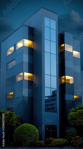 Modern office building exterior with glowing windows at night in a city setting