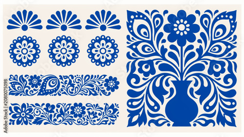 Blue intricate geometric floral pattern design with abstract shapes Vector