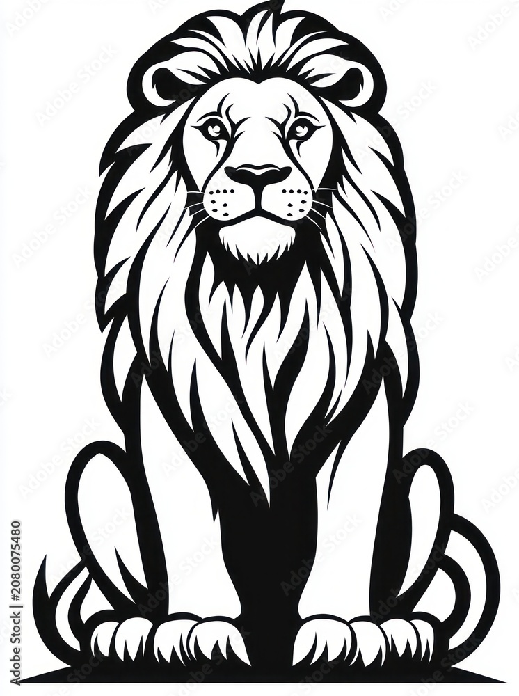 Obraz premium black and white stylized sitting lion with flowing mane, symmetrical bold lines and a regal calm expression