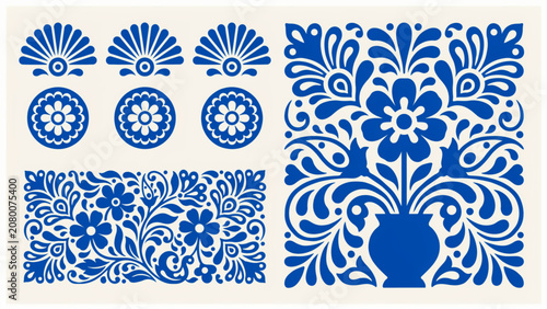 Abstract blue intricate geometric pattern with floral designs in seamless texture Vector