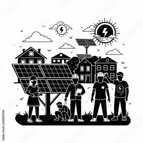 Black and white vector illustration depicting diverse citizens and workers collaborating on solar panel installation in a residential neighborhood for renewable energy use.