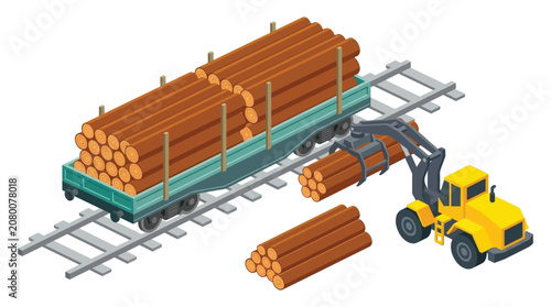 Quadro su tela Logs On Railcar With Forklift Isometric Vector Illustration