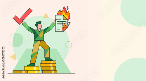 Celebrating Financial Triumph A person achieving success, debt freedom, and business accomplishment, marked by a checkmark and burning document atop a wealth of coins